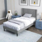 Grey Linen Wingback Platform Bed Frame – Twin/Queen, 1 Person