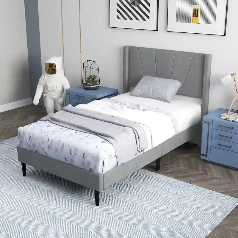 Grey Linen Wingback Platform Bed Frame – Twin/Queen, 1 Person