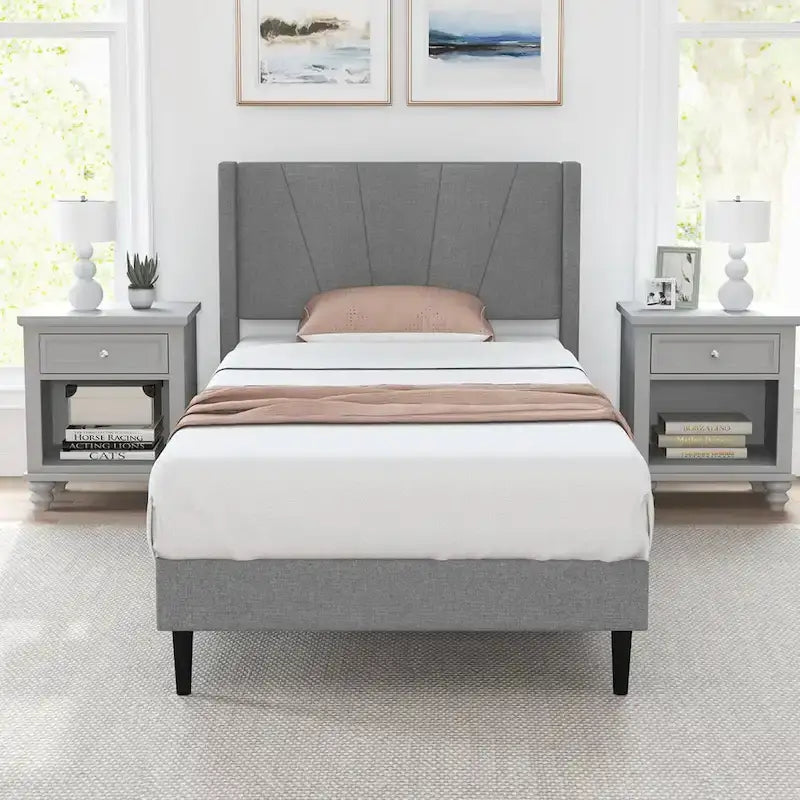 Grey Linen Wingback Platform Bed Frame – Twin/Queen, 1 Person