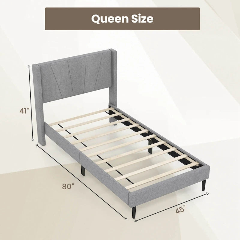 Grey Linen Wingback Platform Bed Frame – Twin/Queen, 1 Person