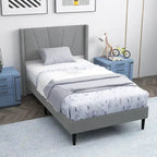 Grey Linen Wingback Platform Bed Frame – Twin/Queen, 1 Person