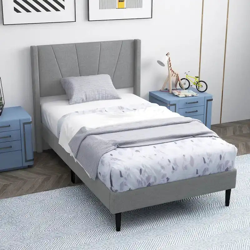 Grey Linen Wingback Platform Bed Frame – Twin/Queen, 1 Person