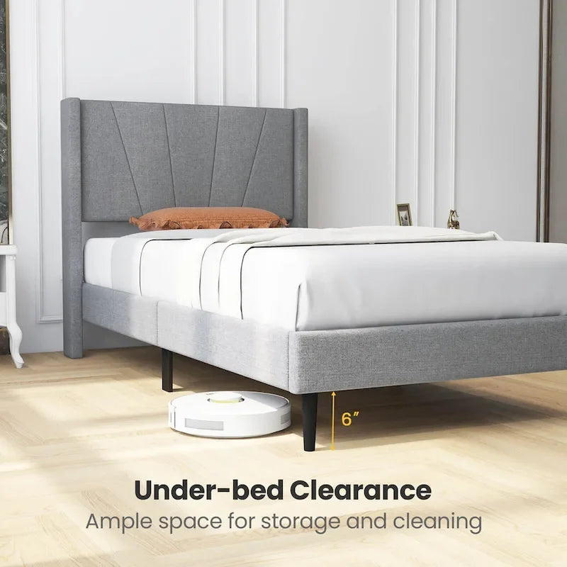 Grey Linen Wingback Platform Bed Frame – Twin/Queen, 1 Person