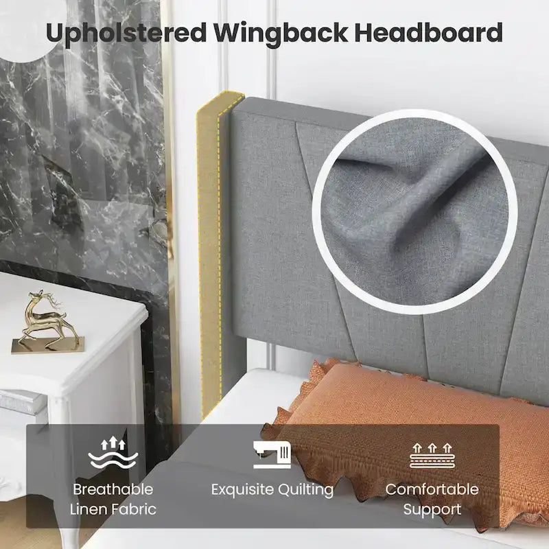 Grey Linen Wingback Platform Bed Frame – Twin/Queen, 1 Person