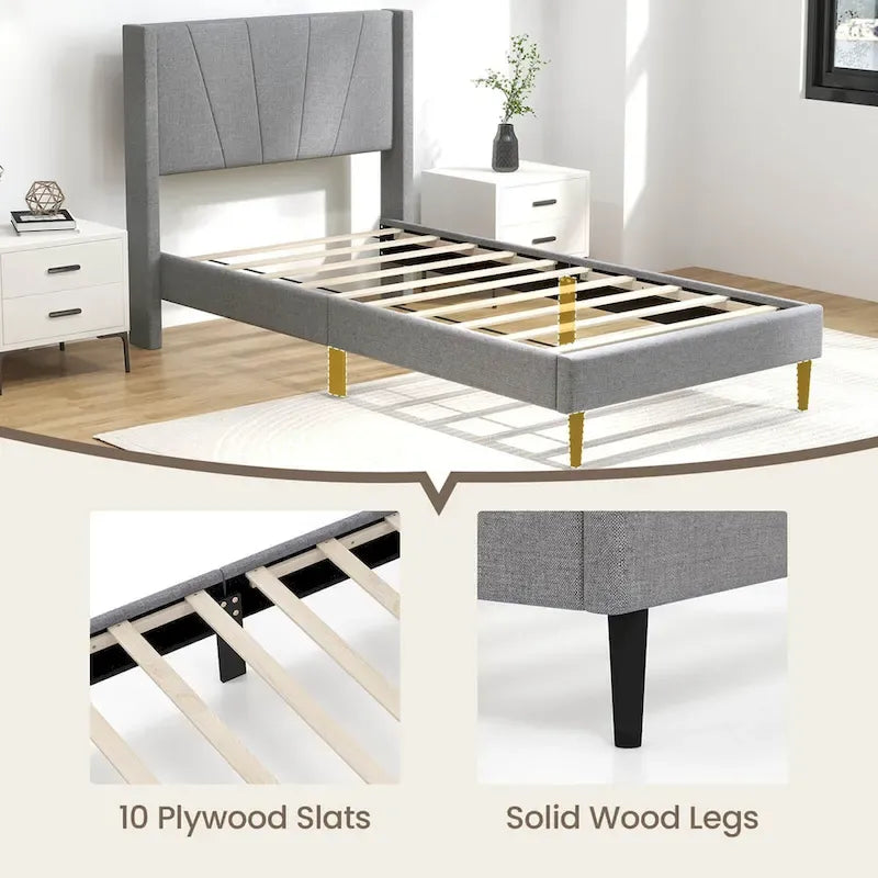 Grey Linen Wingback Platform Bed Frame – Twin/Queen, 1 Person