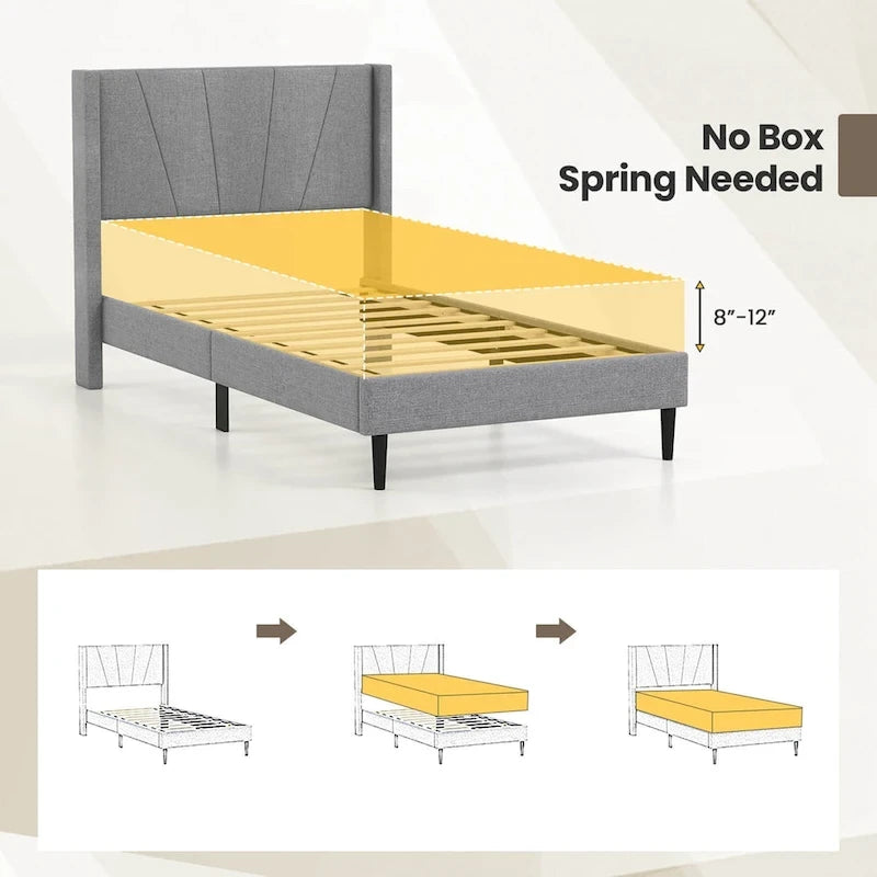 Grey Linen Wingback Platform Bed Frame – Twin/Queen, 1 Person
