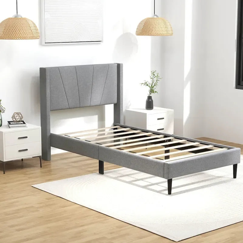 Grey Linen Wingback Platform Bed Frame – Twin/Queen, 1 Person
