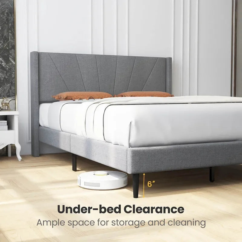 Grey Linen Wingback Platform Bed Frame – Twin/Queen, 1 Person