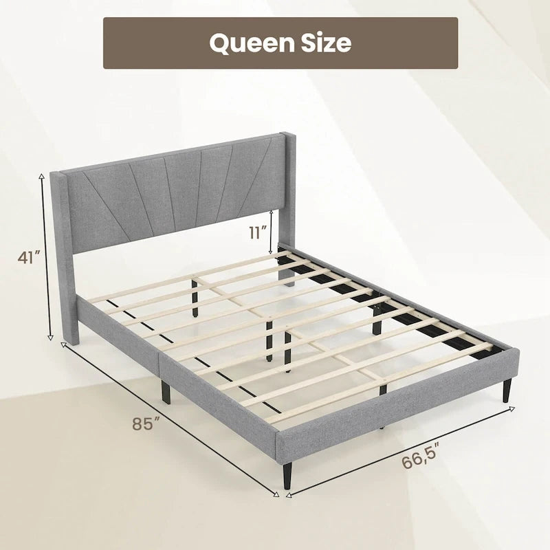 Grey Linen Wingback Platform Bed Frame – Twin/Queen, 1 Person