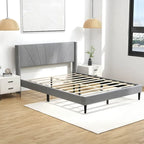 Grey Linen Wingback Platform Bed Frame – Twin/Queen, 1 Person