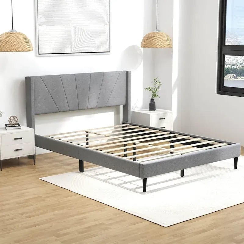 Grey Linen Wingback Platform Bed Frame – Twin/Queen, 1 Person