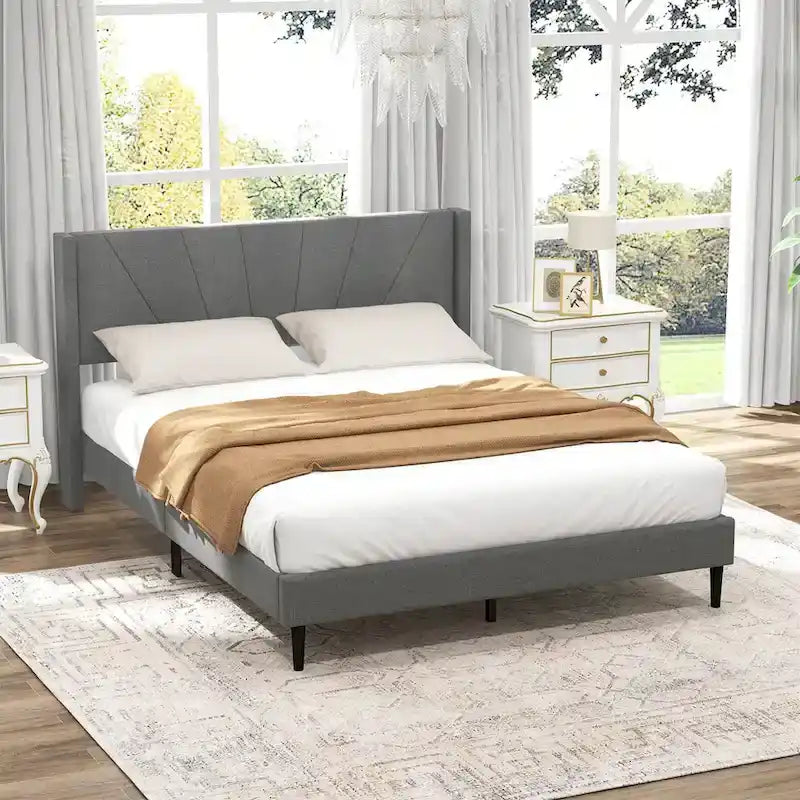 Grey Linen Wingback Platform Bed Frame – Twin/Queen, 1 Person