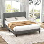 Grey Linen Wingback Platform Bed Frame – Twin/Queen, 1 Person