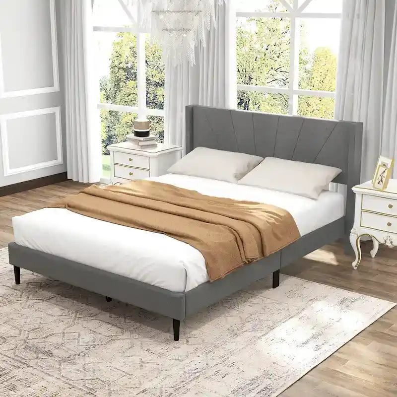 Grey Linen Wingback Platform Bed Frame – Twin/Queen, 1 Person