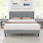 Grey Linen Wingback Platform Bed Frame – Twin/Queen, 1 Person