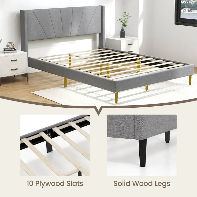 Grey Linen Wingback Platform Bed Frame – Twin/Queen, 1 Person