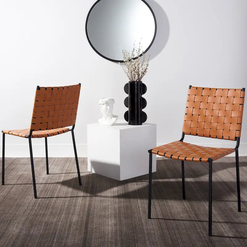 Woven Leather Dining Chair, Set of 2 – Multiple Colors, 17"W × 20.5"L × 33.8"H