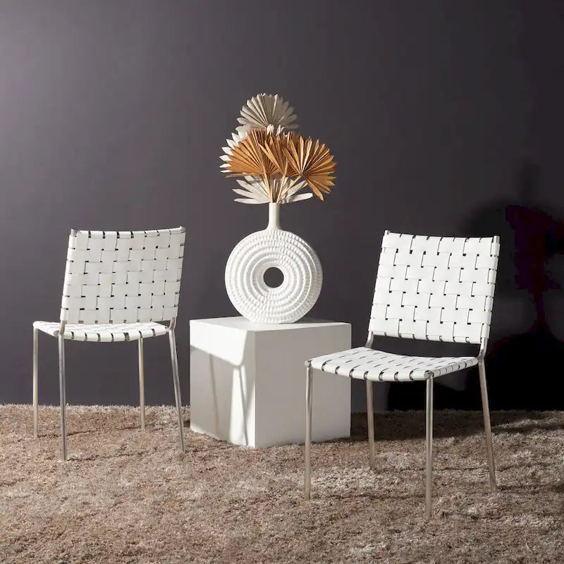 Woven Leather Dining Chair, Set of 2 – Multiple Colors, 17"W × 20.5"L × 33.8"H