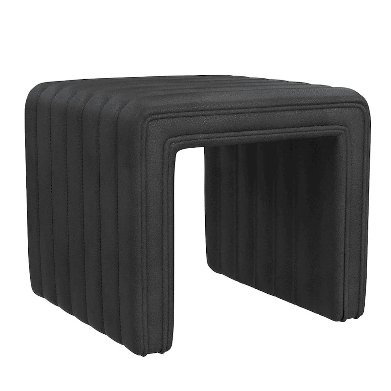 Black Faux Leather Square Ottoman, Channel Tufted, 1-Person, 19 Inch