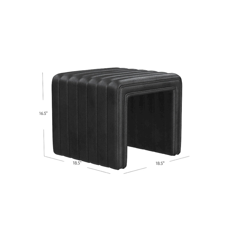 Black Faux Leather Square Ottoman, Channel Tufted, 1-Person, 19 Inch