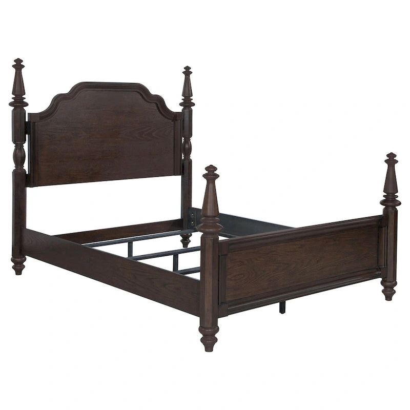 Dark Oak Brown King 4-Poster Bed with Carved Headboard