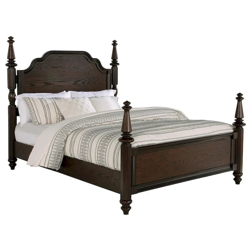 Dark Oak Brown King 4-Poster Bed with Carved Headboard