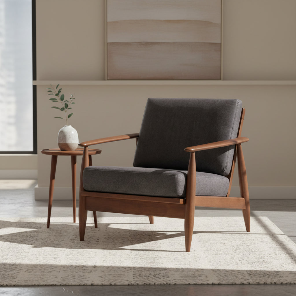 Lissa Accent Chair, Charcoal Gray Soft Cushioning, Brown Wood Frame