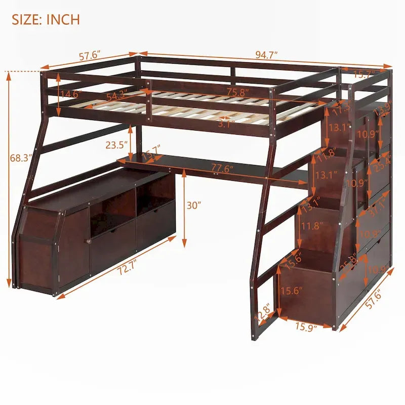 Full Size Loft Bed with Drawers and Desk