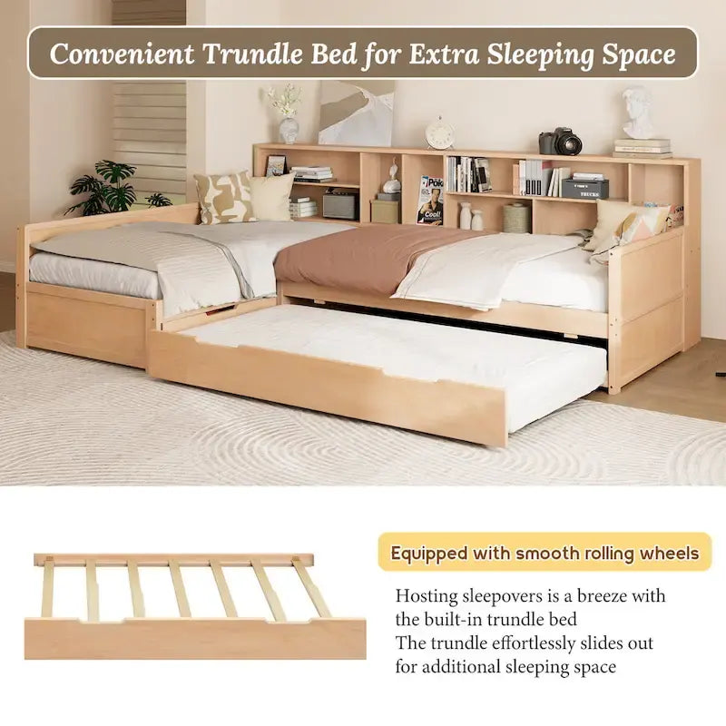 L Shaped Corner Daybed for 3 Wooden Twin Size Captains Bed with Bookcases, Under-bed Trundle Bed and Storage Drawers
