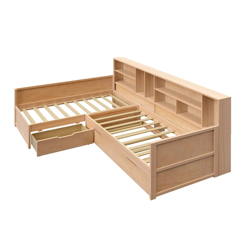 L Shaped Corner Daybed for 3 Wooden Twin Size Captains Bed with Bookcases, Under-bed Trundle Bed and Storage Drawers