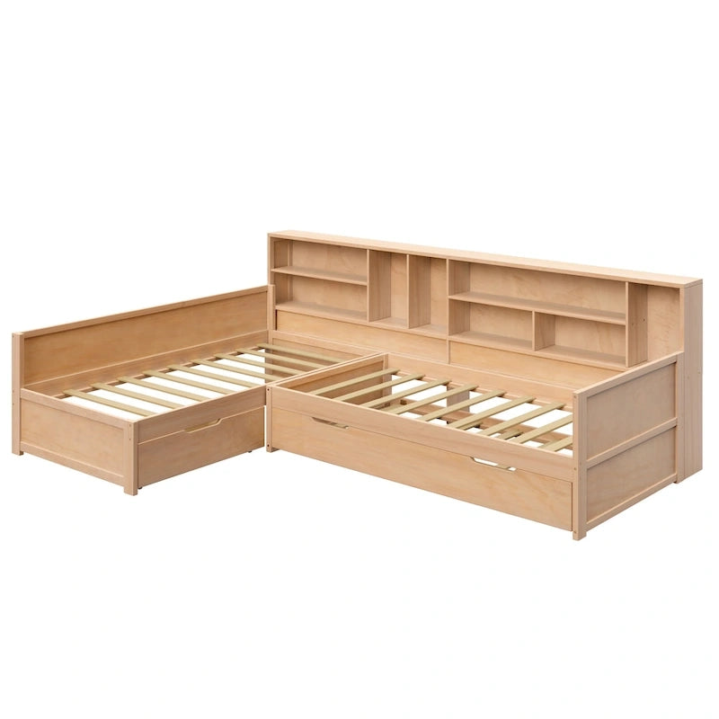 L Shaped Corner Daybed for 3 Wooden Twin Size Captains Bed with Bookcases, Under-bed Trundle Bed and Storage Drawers