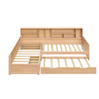 L Shaped Corner Daybed for 3 Wooden Twin Size Captains Bed with Bookcases, Under-bed Trundle Bed and Storage Drawers