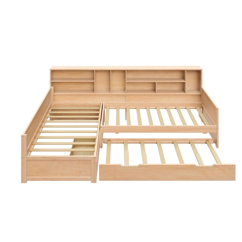 L Shaped Corner Daybed for 3 Wooden Twin Size Captains Bed with Bookcases, Under-bed Trundle Bed and Storage Drawers