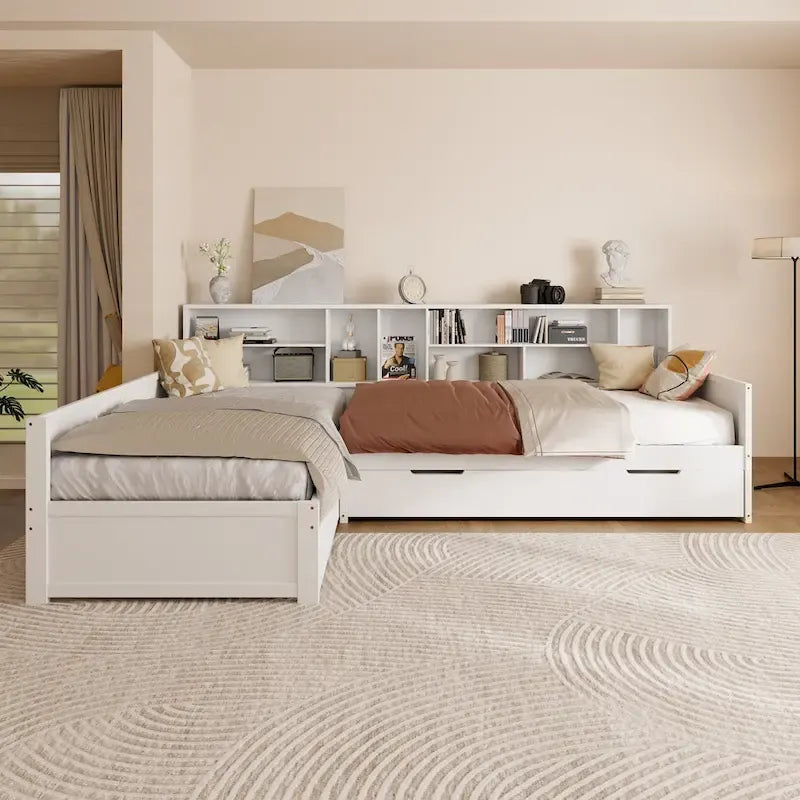 L Shaped Corner Daybed for 3 Wooden Twin Size Captains Bed with Bookcases, Under-bed Trundle Bed and Storage Drawers