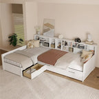 L Shaped Corner Daybed for 3 Wooden Twin Size Captains Bed with Bookcases, Under-bed Trundle Bed and Storage Drawers