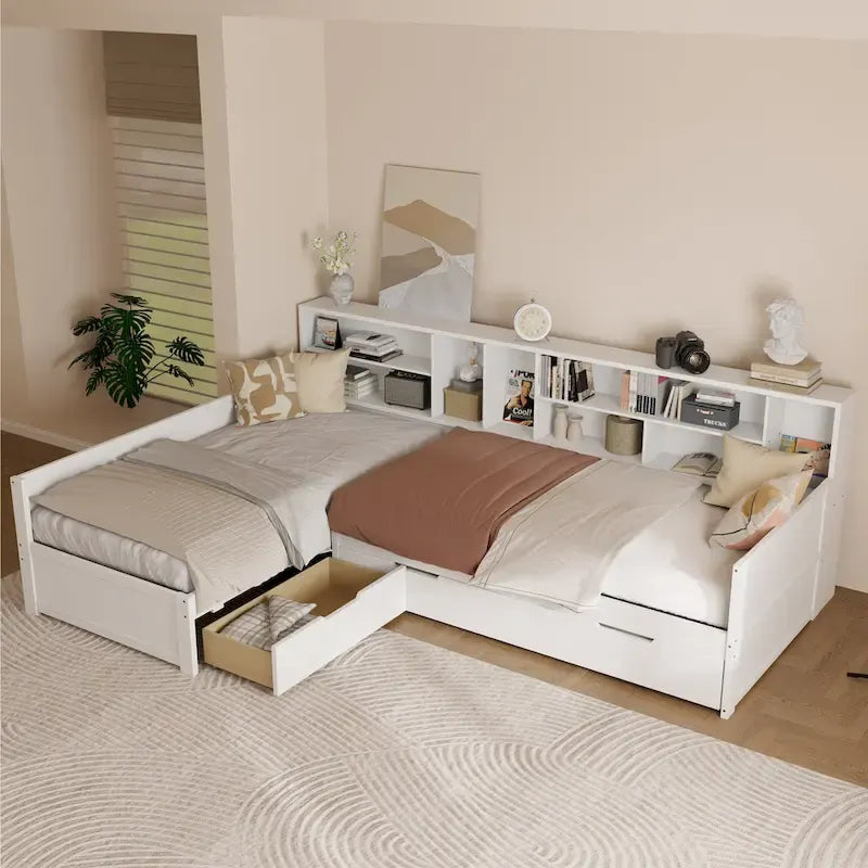 L Shaped Corner Daybed for 3 Wooden Twin Size Captains Bed with Bookcases, Under-bed Trundle Bed and Storage Drawers
