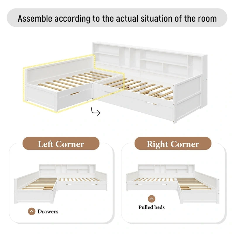 L Shaped Corner Daybed for 3 Wooden Twin Size Captains Bed with Bookcases, Under-bed Trundle Bed and Storage Drawers
