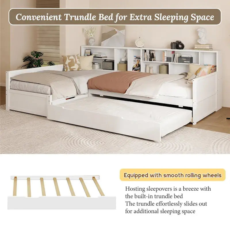 L Shaped Corner Daybed for 3 Wooden Twin Size Captains Bed with Bookcases, Under-bed Trundle Bed and Storage Drawers