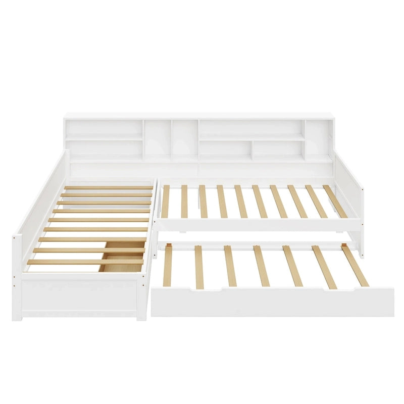 L Shaped Corner Daybed for 3 Wooden Twin Size Captains Bed with Bookcases, Under-bed Trundle Bed and Storage Drawers