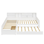 L Shaped Corner Daybed for 3 Wooden Twin Size Captains Bed with Bookcases, Under-bed Trundle Bed and Storage Drawers