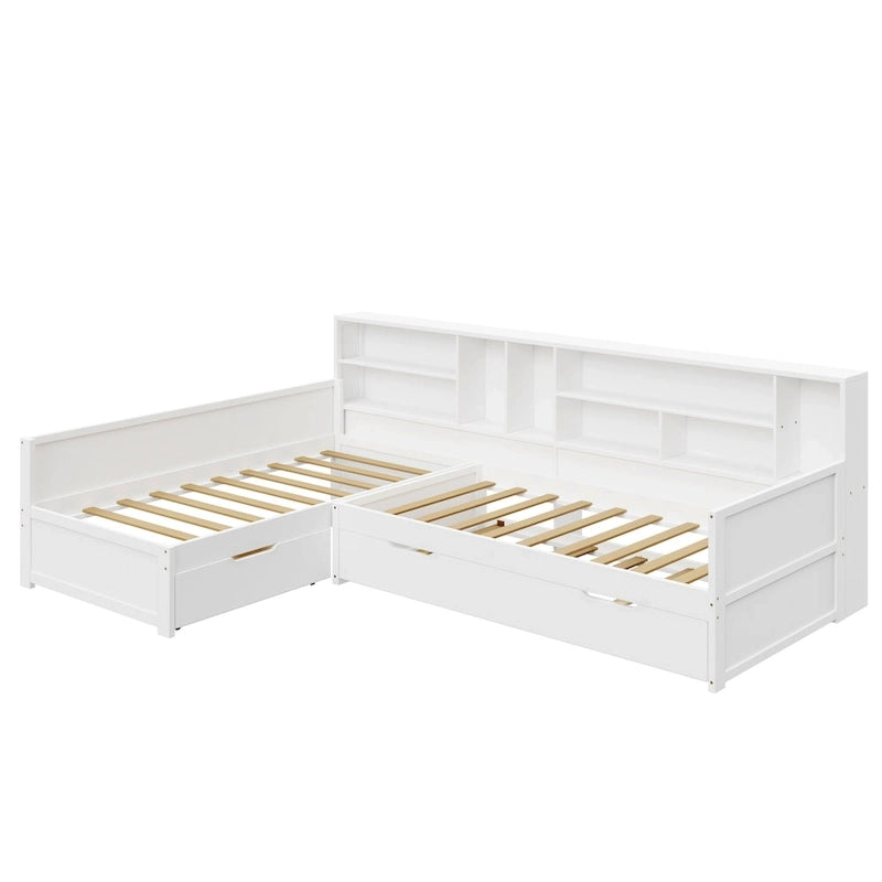 L Shaped Corner Daybed for 3 Wooden Twin Size Captains Bed with Bookcases, Under-bed Trundle Bed and Storage Drawers