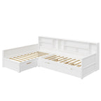 L Shaped Corner Daybed for 3 Wooden Twin Size Captains Bed with Bookcases, Under-bed Trundle Bed and Storage Drawers
