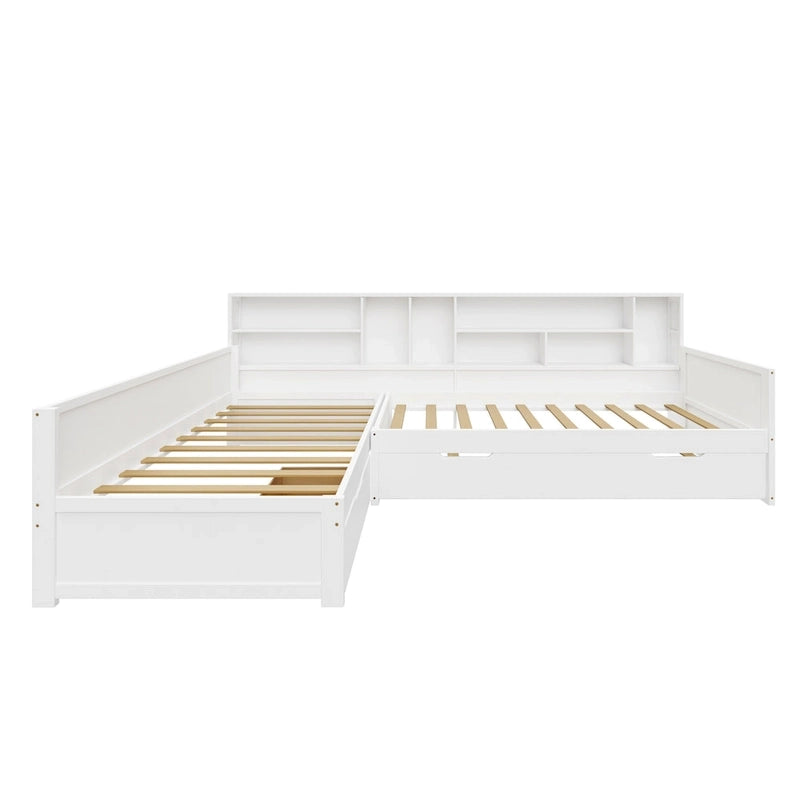 L Shaped Corner Daybed for 3 Wooden Twin Size Captains Bed with Bookcases, Under-bed Trundle Bed and Storage Drawers