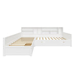 L Shaped Corner Daybed for 3 Wooden Twin Size Captains Bed with Bookcases, Under-bed Trundle Bed and Storage Drawers