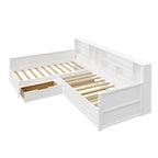 L Shaped Corner Daybed for 3 Wooden Twin Size Captains Bed with Bookcases, Under-bed Trundle Bed and Storage Drawers