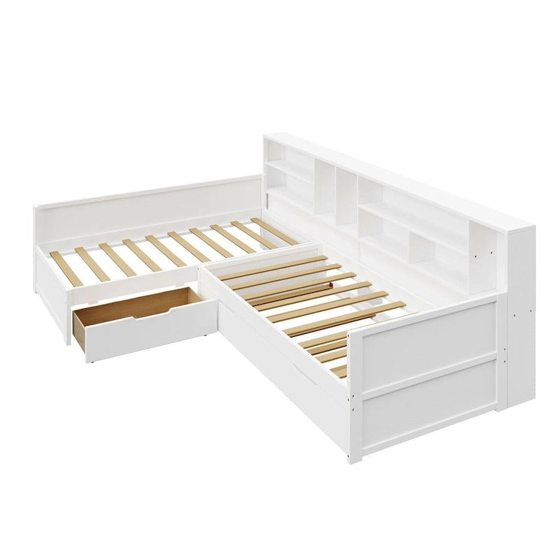 L Shaped Corner Daybed for 3 Wooden Twin Size Captains Bed with Bookcases, Under-bed Trundle Bed and Storage Drawers
