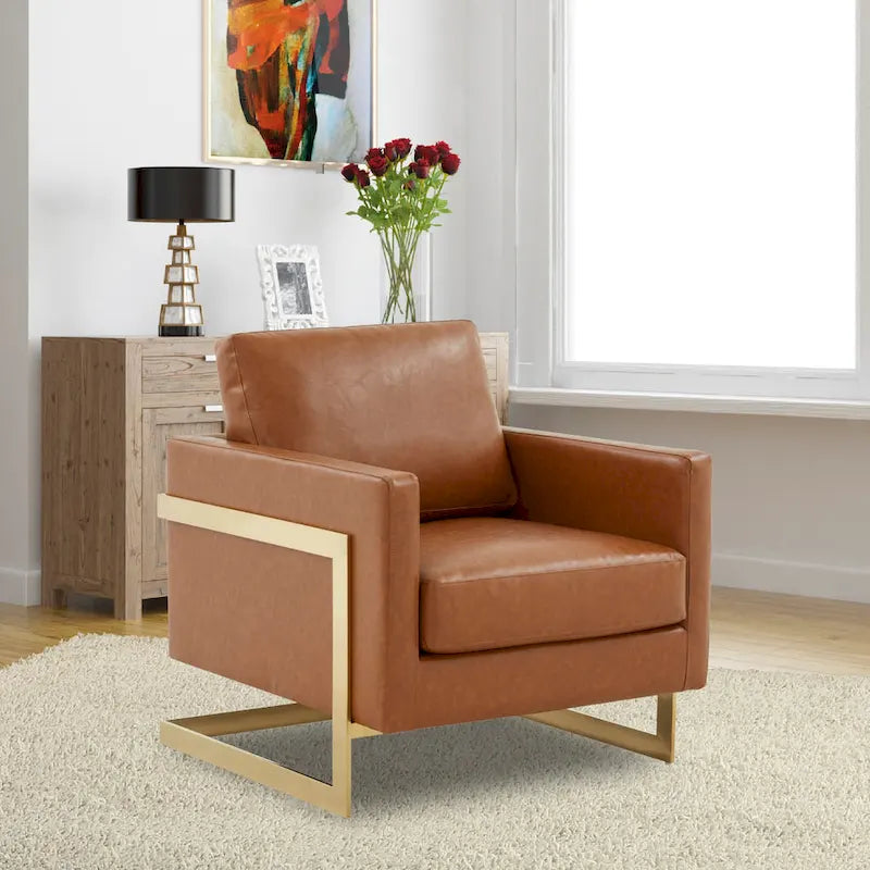 Lincoln Leather Accent Chair With Gold Frame Modern Single Seater Sofa for Living Room and Bedroom - 34