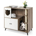 Grey & White Wood Top Cat Litter Box Enclosure with Tree Tower, for 1–2 Cats