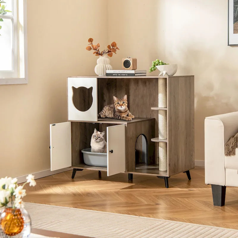 Grey & White Wood Top Cat Litter Box Enclosure with Tree Tower, for 1–2 Cats