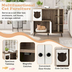Grey & White Wood Top Cat Litter Box Enclosure with Tree Tower, for 1–2 Cats